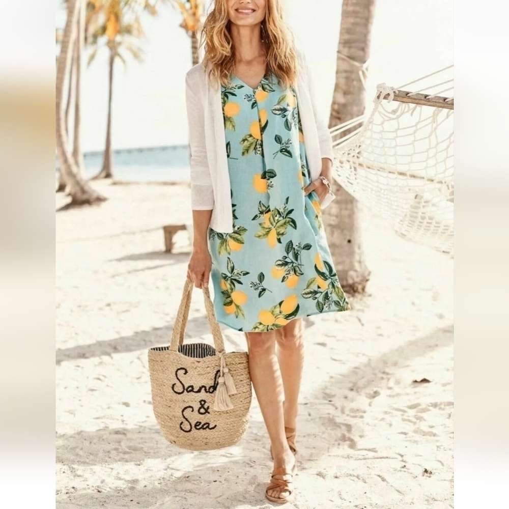 J.Jill Love Linen  Lemon  Print A Line Shift Dress size XS Cottagecore Fairycore